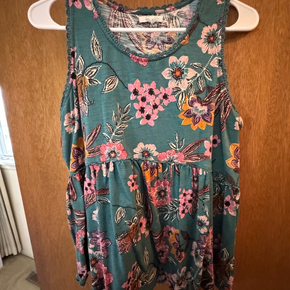Maurices Teal Floral Tank Top with Pink and Mustard Accents